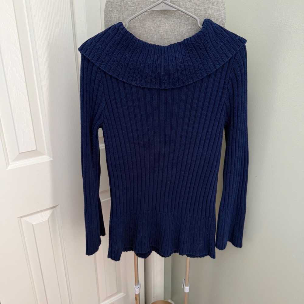 VTG Fashion Bug Navy Blue Cotton Ribbed Off Shoulder Sweater Y2K Grunge S/M
